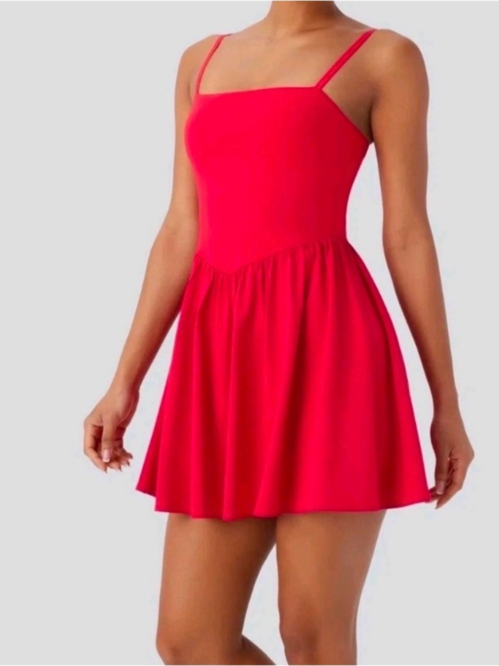 HALARA Vibrant Red Spaghetti-Strap Square-Neck Mini Dress
